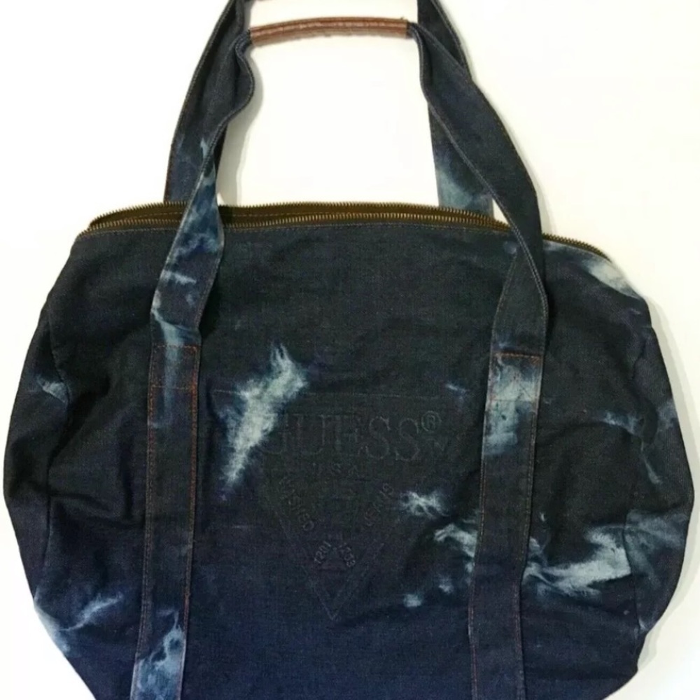 Guess Navy Blue Tie-Dye Canvas Tote with Brown Accent - Picture 4 of 10